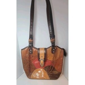 Vintage 90s M.C. Marc Chantal Brown Floral Embossed Leather Shoulder Bag Purse